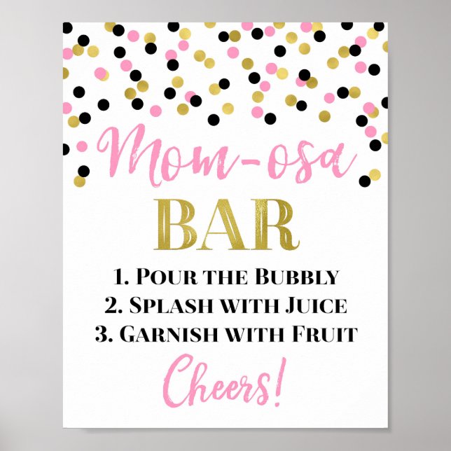 Affiche Baby shower des signes Pink Gold Black Mom-osa Bar (Devant)