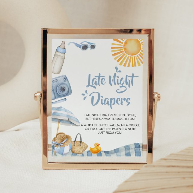 Affiche Baby shower d'été de Blue Beach Diaports nocturnes (Boy Splish Splash Baby Shower Late Night Diapers Sign)