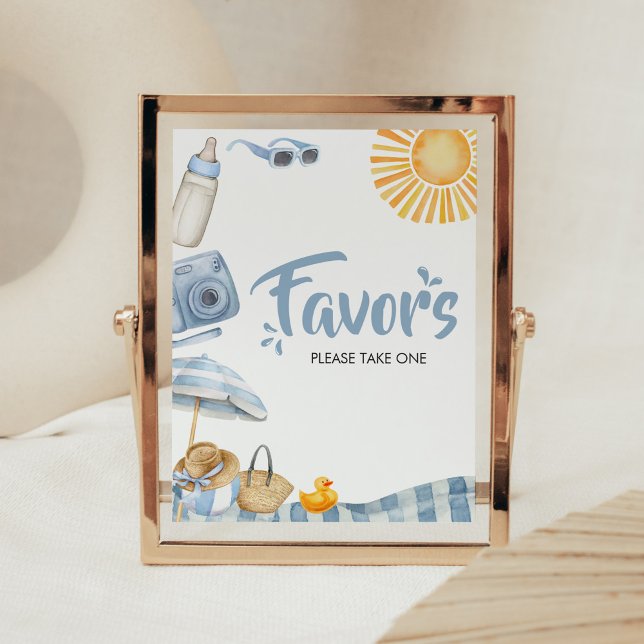 Affiche Baby shower d'été de Blue Beach Privilèges (Boy Splish Splash Baby Shower Favors Sign)