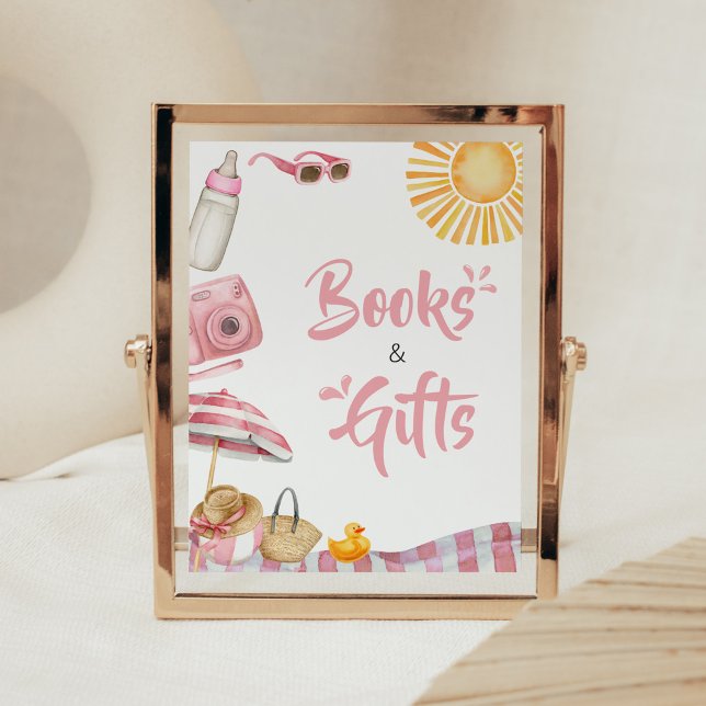 Affiche Baby shower d'été de Pink Beach Livres et cadeaux (Splish Splash Baby Shower Books and Gifts Sign)