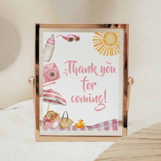 Affiche Baby shower d'été de Pink Beach Merci pour venir (Splish Splash Baby Shower Thank you for Coming Sign)