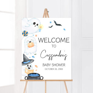 Affiche Baby shower d'Halloween Blue Little Boo Bienvenue