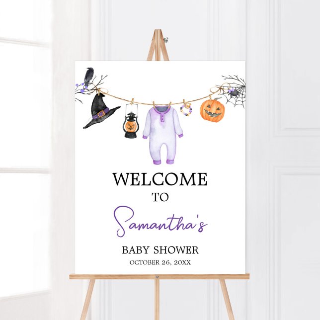 Affiche Baby shower d'Halloween Little Boo Purple Bienvenu (Halloween Baby Clothes Baby Shower Welcome Sign)