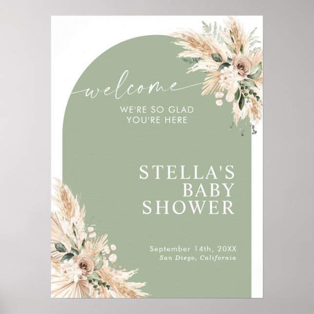 Affiche Baby shower d'herbe Boho Green Pampas (Devant)
