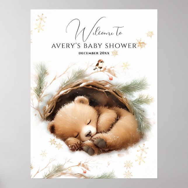 Affiche Baby shower d'hiver de l'ours des bois à l'extérie (Devant)