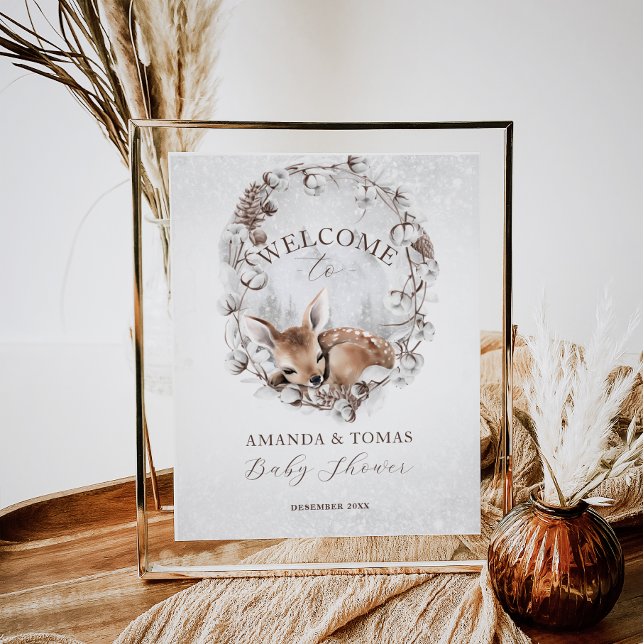 Affiche Baby shower d'hiver des cerfs de bois Bienvenue (Créateur téléchargé)