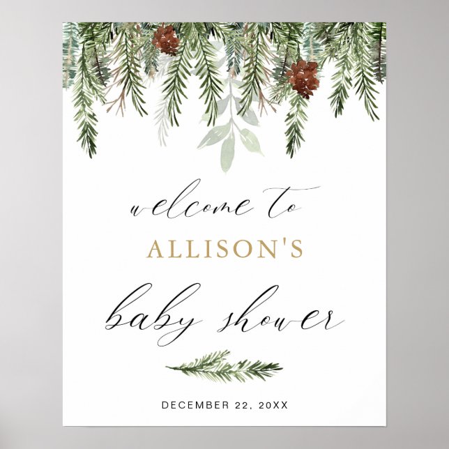 Affiche Baby shower d'hiver du pin vert signe de bienvenue (Devant)