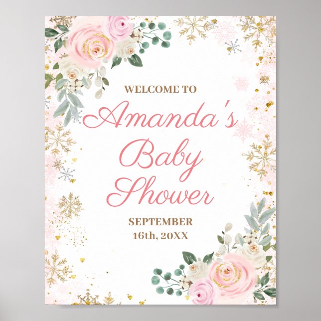 Affiche Baby shower d'hiver Pink Floral Snowflakes (Devant)