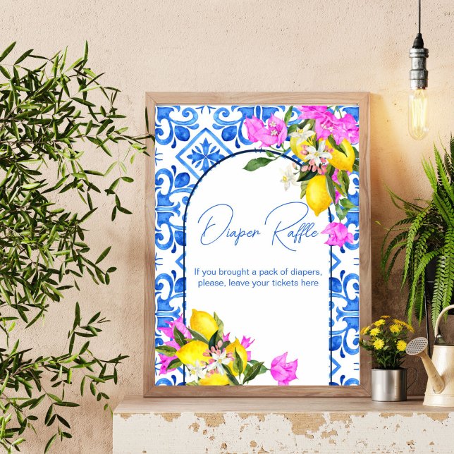 Affiche Baby shower diaper tombole panneau Carreaux bleus  (Baby Shower diaper raffle sign Blue Tiles Lemons bougainvillea Mediterranean themed baby shower sign)
