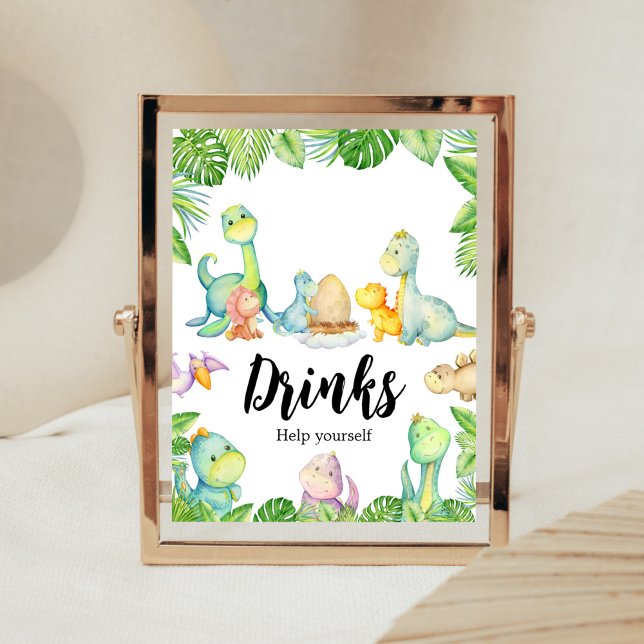 Affiche Baby shower Dinosaur Cute Boissons (Greenery Dinosaur Baby Shower Drinks Sign)