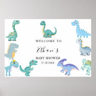Affiche Baby Shower Dinosaure Élégant Blanc
