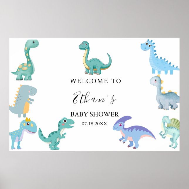 Affiche Baby Shower Dinosaure Élégant Blanc (Devant)
