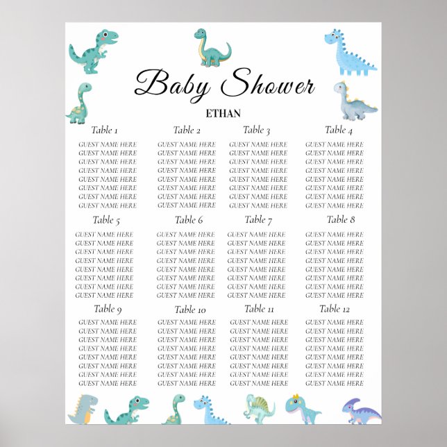 Affiche Baby Shower Dinosaure Élégant Blanc (Devant)