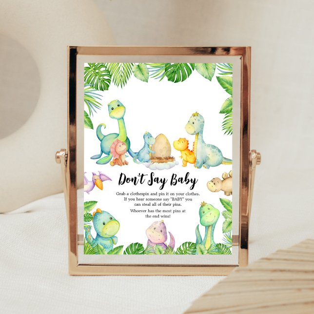 Affiche Baby shower Dinosaure mignon Ne pas dire bébé (Greenery Dinosaur Baby Shower Don't Say Baby Sign)