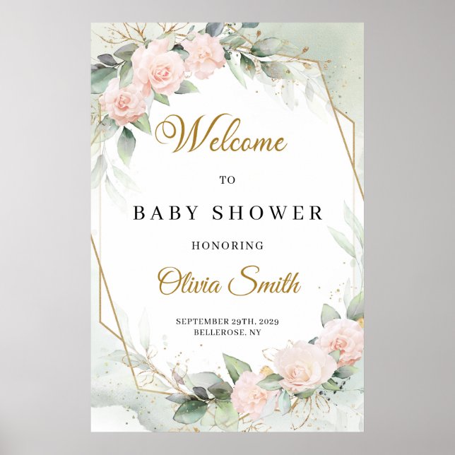 Affiche Baby shower d'or d'eucalyptus rose Blush Accueil P (Devant)