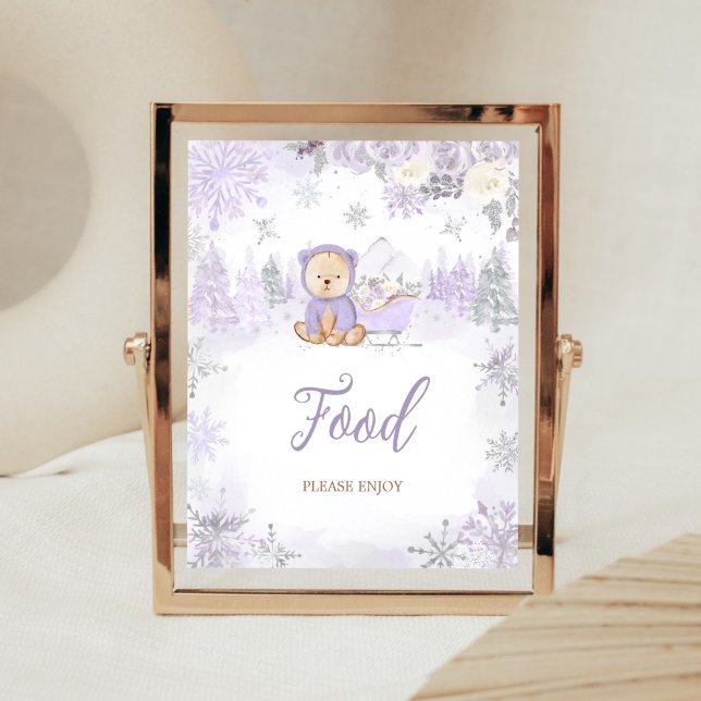 Affiche Baby shower d'ours d'hiver pourpre (Purple Teddy Bear Baby Shower Food Sign)