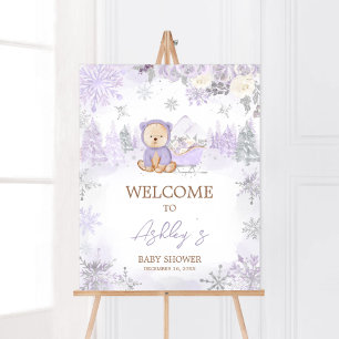 Affiche Baby shower d'ours d'hiver violet Bienvenue