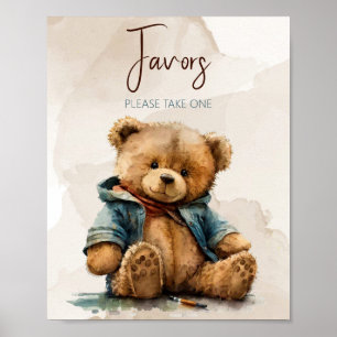 Affiche Baby shower d'ours en peluche à l'aquarelle brun d