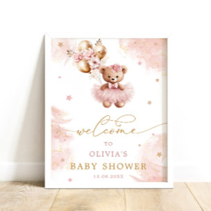 Affiche Baby shower d'ours en peluche rose