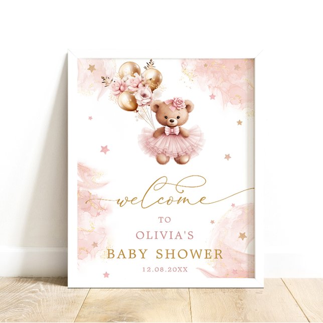 Affiche Baby shower d'ours en peluche rose (Créateur téléchargé)