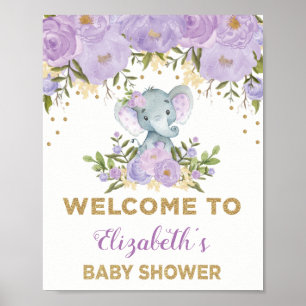 Affiche Baby shower Eléphant Floral Purple Gold Bienvenue