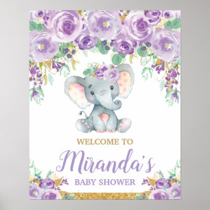 Affiche Baby shower Eléphant Floral Violet Bienvenue