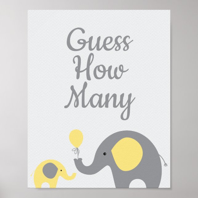 Affiche Baby shower Eléphant Jaune Devine Combien de signe (Devant)