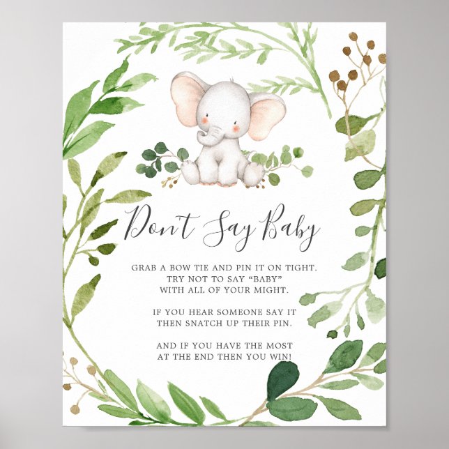 Affiche Baby shower éléphant ne pas dire signe bébé (Devant)