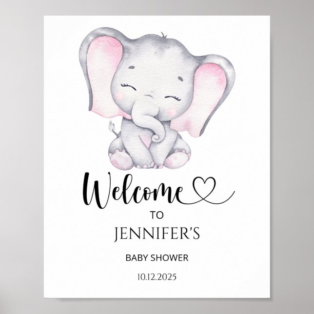 Affiche Baby shower Eléphant rose bienvenue (Devant)