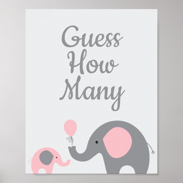 Affiche Baby shower Eléphant Rose Devinez Combien De Jeu S (Devant)