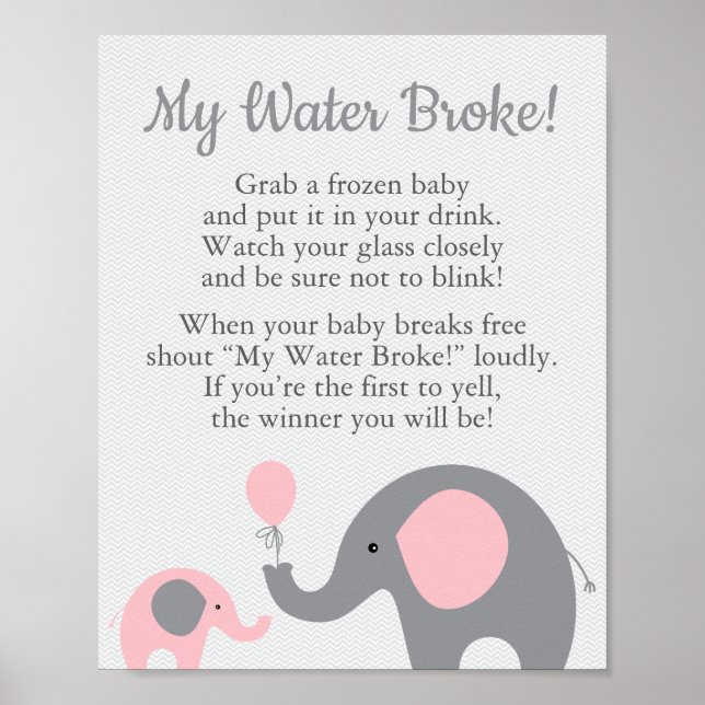 Affiche Baby shower Eléphant Rose Mon Eau Broché Jeu (Devant)