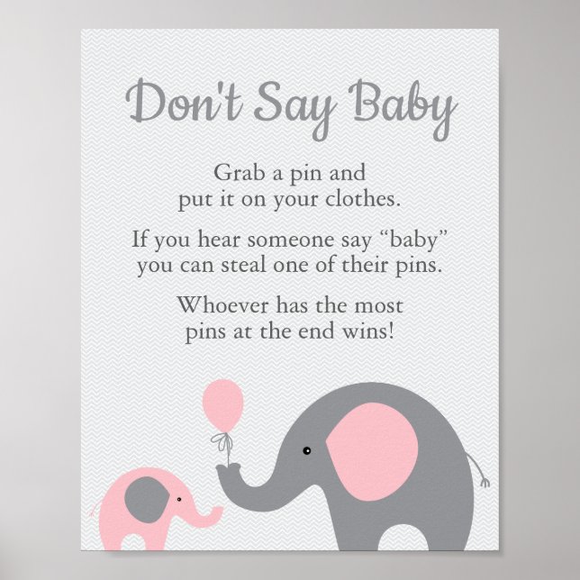 Affiche Baby shower Eléphant rose Ne pas dire Jeu de Bébé  (Devant)