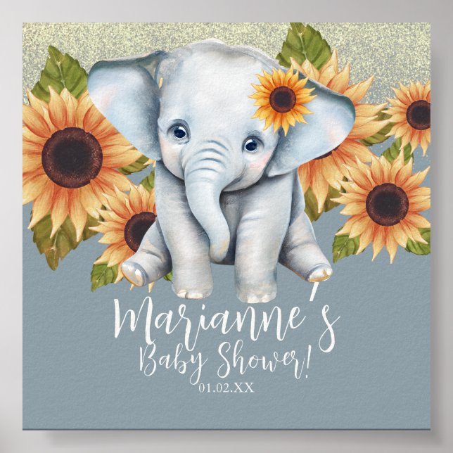 Affiche Baby shower éléphant Tournesol Parties scintillant (Devant)