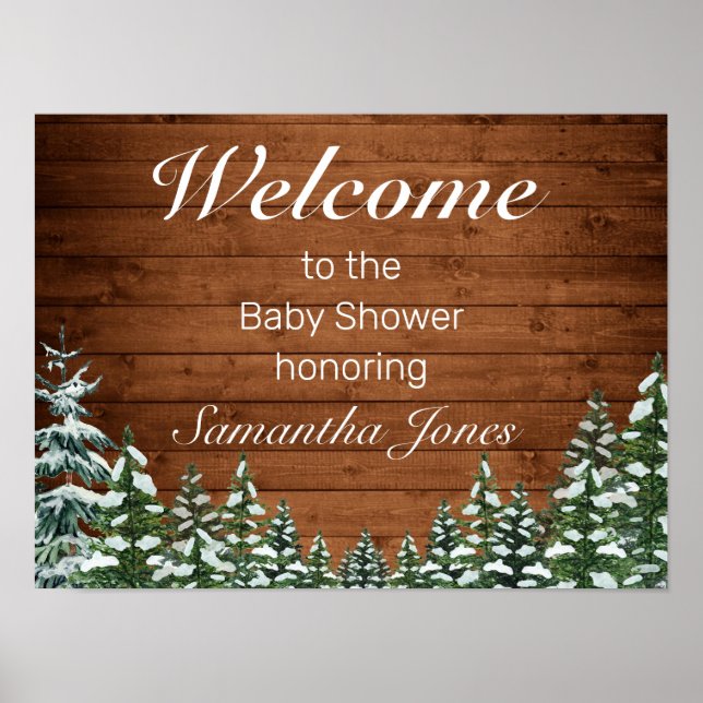 Affiche Baby shower en bois neigeux et pin forestier Affic (Devant)