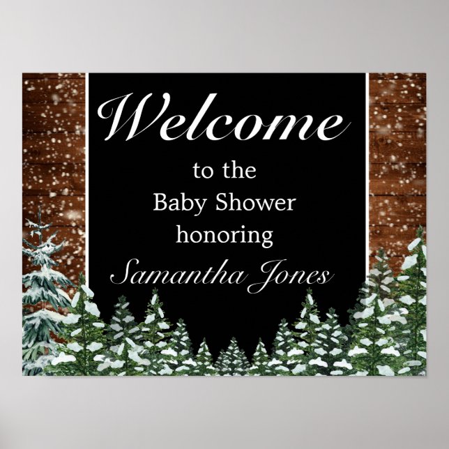 Affiche Baby shower en bois neigeux et pin forestier Affic (Devant)