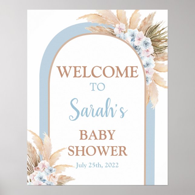 Affiche Baby shower en laiton bleu Pampas Symbole de bienv (Devant)