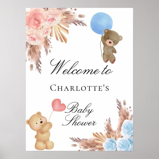 Affiche Baby shower en peluche ours pampas herbe sexe révé (Devant)