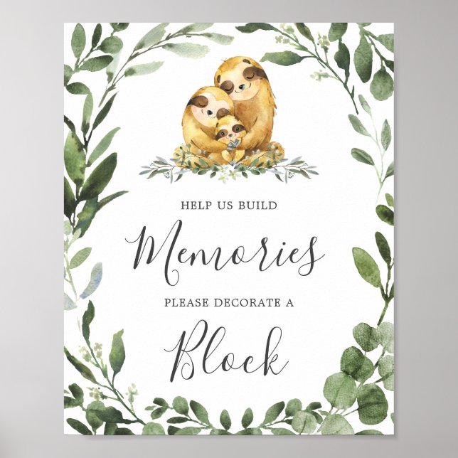 Affiche Baby shower Famille Sloth Décorez Un Panneau Bloc (Devant)