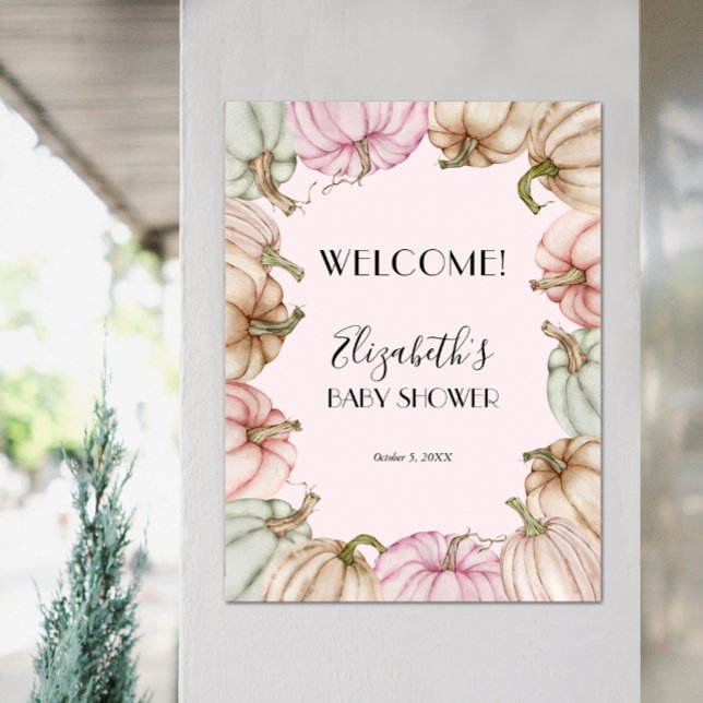 Affiche Baby shower fille Citrouille rose Bienvenue (Pink Pastel Pumpkin Girl Baby Shower Welcome Poster)