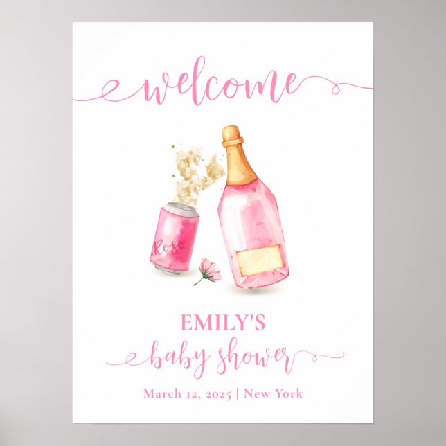 Affiche Baby shower Fille de bière Champagne Rose Bienvenu (Devant)