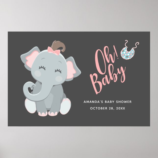 Affiche Baby shower fille Eléphant mignon (Devant)