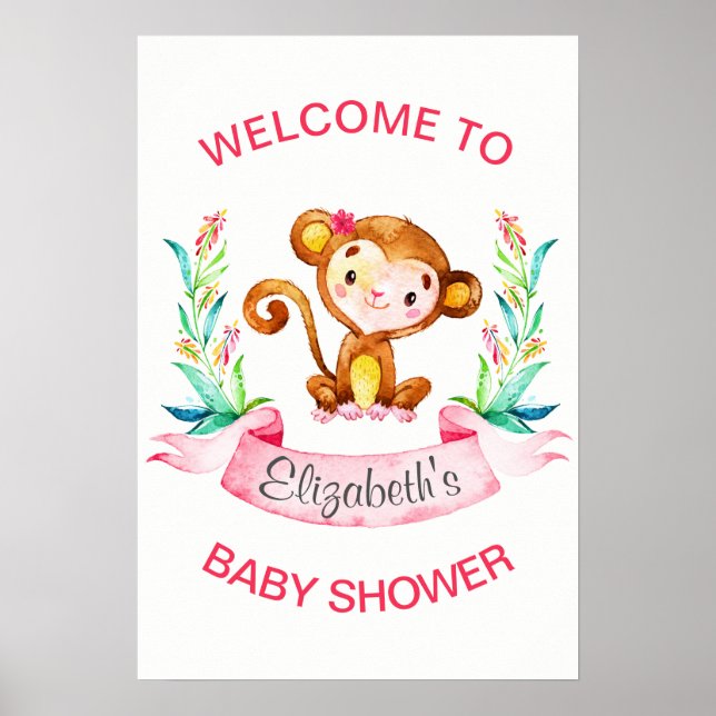 Affiche Baby shower fille singe aquarelle (Devant)
