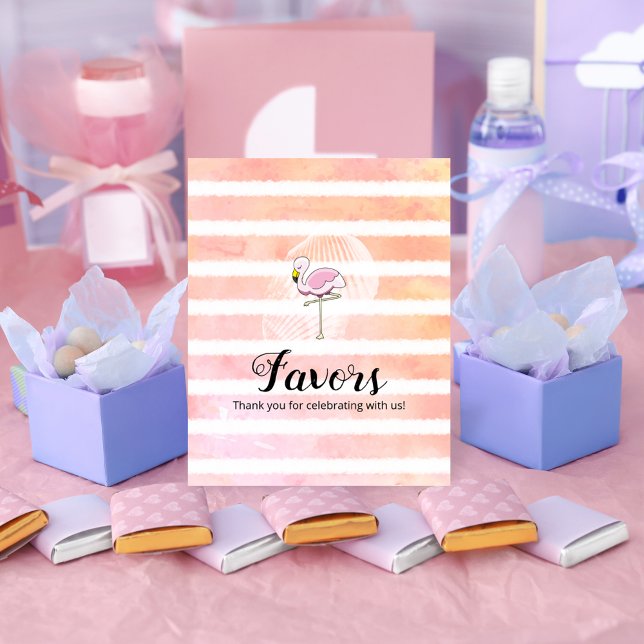 Affiche Baby shower Flamant rose en bande de corail Faveur (Créateur téléchargé)