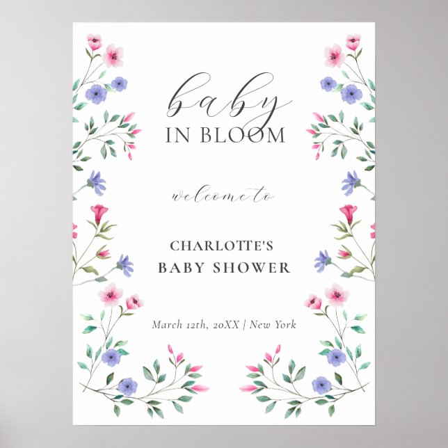 Affiche Baby shower Fleur sauvage Baby In Bloom Bienvenue (Devant)