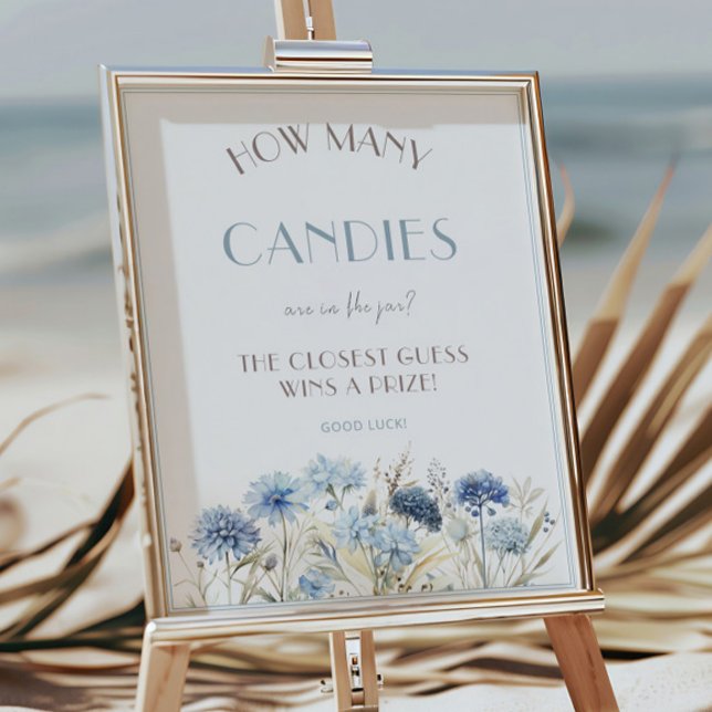 Affiche Baby shower Fleur sauvage bleu Combien de bonbons  (Créateur téléchargé)