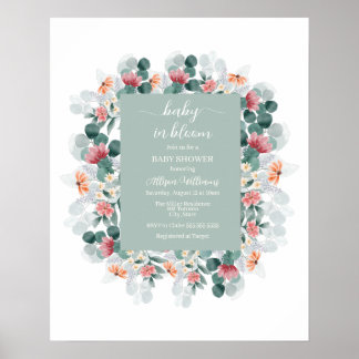 Affiche Baby shower fleur sauvage bleu Dusty