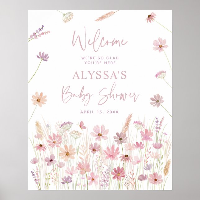 Affiche Baby shower Fleur sauvage Dusty Pink Boho (Devant)