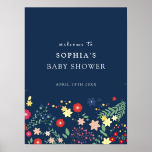 Affiche Baby shower Fleur sauvage élégant bleu marine Bien