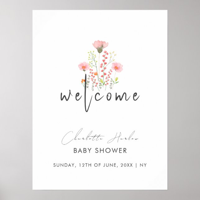 Affiche Baby shower Fleur sauvage moderne élégant Accueil (Devant)