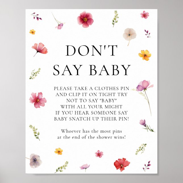 Affiche Baby shower fleur sauvage ne pas dire jeu de bébé (Devant)